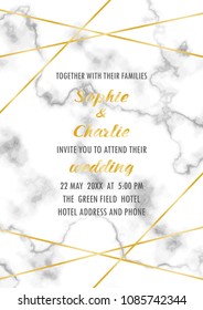 Wedding invitation with gold geometric frame on white marble. Luxury A4 template with text place for invite, greeting, birthday card and covers.