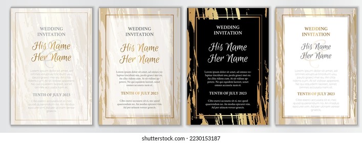 Juego de fondo de mármol de oro de la invitación a la boda. Colección de marcos elegante