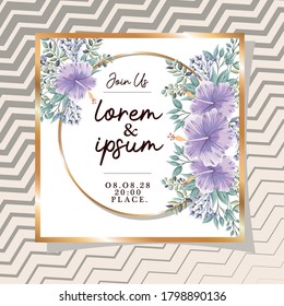 Wedding invitation with gold ornament frame and hwaiian flowers on striped background design, Save the date and engagement theme Vector illustration