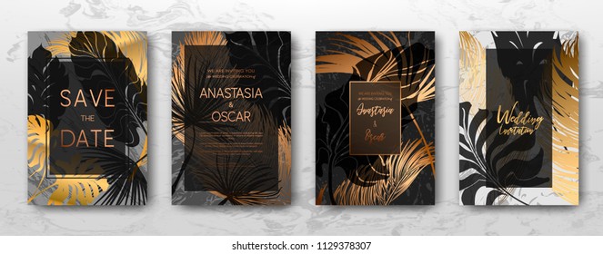 Wedding invitation with Gold palm leaves, black, white marble template, artistic covers design, colorful texture, leaf backgrounds. Trendy pattern, graphic gold brochure. Luxury Vector illustration.