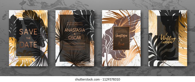 Wedding invitation with Gold palm leaves, black, white marble template, artistic covers design, colorful texture, leaf backgrounds. Trendy pattern, graphic gold brochure. Luxury Vector illustration.