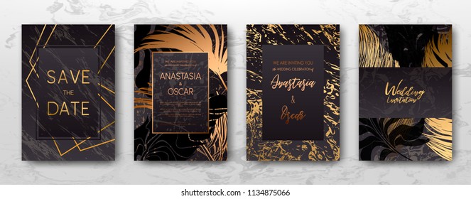 Wedding Invitation With Gold Palm Leaves, Black, White Marble Template, Artistic Covers Design, Colorful Texture, Leaf Backgrounds. Trendy Pattern, Graphic Gold Brochure. Luxury Vector Illustration.