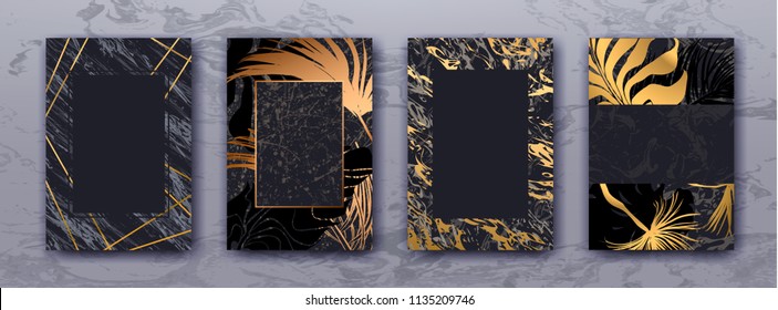 Convite de casamento com folhas de palmeira de ouro, preto, modelo de mármore branco, design de capas artísticas, textura colorida, fundos de folhas. Padrão moderno, folheto gráfico de ouro. Ilustração Vector Luxo.