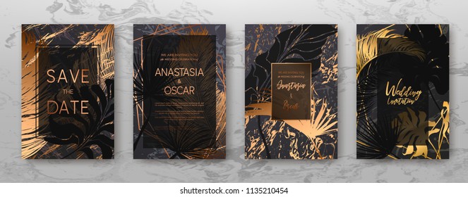 Wedding Invitation With Gold Palm Leaves, Black, White Marble Template, Artistic Covers Design, Colorful Texture, Leaf Backgrounds. Trendy Pattern, Graphic Gold Brochure. Luxury Vector Illustration.