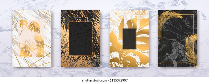 Wedding invitation with Gold palm leaves, black, white marble template, artistic covers design, colorful texture, leaf backgrounds. Trendy pattern, graphic gold brochure. Luxury Vector illustration.