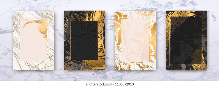 Wedding invitation with Gold palm leaves, black, white marble template, artistic covers design, colorful texture, leaf backgrounds. Trendy pattern, graphic gold brochure. Luxury Vector illustration.