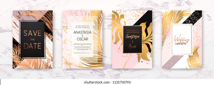 Wedding invitation with Gold palm leaves, black, white marble template, artistic covers design, colorful texture, leaf backgrounds. Trendy pattern, graphic gold brochure. Luxury Vector illustration.