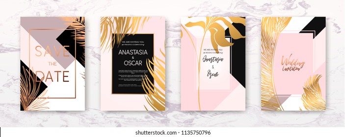 Wedding invitation with Gold palm leaves, black, white marble template, artistic covers design, colorful texture, leaf backgrounds. Trendy pattern, graphic gold brochure. Luxury Vector illustration.