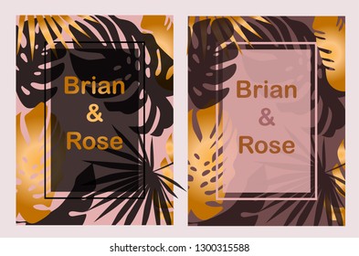 Wedding invitation with Gold palm leaves, black, white marble template, artistic covers design, colorful texture, leaf backgrounds. Trendy pattern, graphic gold brochure. Luxury Vector illustration.