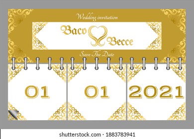 Invitación de boda con diseño de línea de patrón victoriano de oro. fondo con marco dorado victoriano. Diseño de carátula con un adorno de victoriano dorado. vector