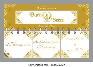 Invitación de boda con diseño de línea de patrón victoriano de oro. fondo con marco dorado victoriano. Diseño de carátula con un adorno de victoriano dorado. vector