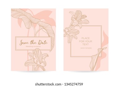 Wedding invitation with golden flowers on a pink background. Vector template can be used as a greeting for a celebration, anniversary, birthday and as a certificate for a restaurant, spa