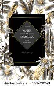 Wedding invitation with golden and metallic leaves, flowers and birds. Vector.