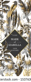 Wedding invitation with golden and metallic leaves, flowers and birds. Vector.