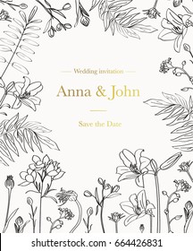 Wedding invitation with graphic flowers and leaves 