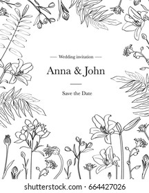 Wedding invitation with graphic flowers and leaves