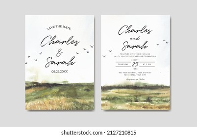 Wedding invitation of grassland nature landscape watercolor