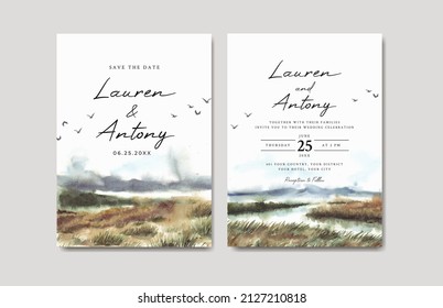 Wedding invitation of grassland and river watercolor