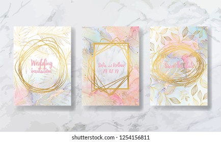 wedding invitation. a great celebration of lovers. texture of liquid marble and gold. print for leaflets, banners, flyers, business cards, cards. trend vector