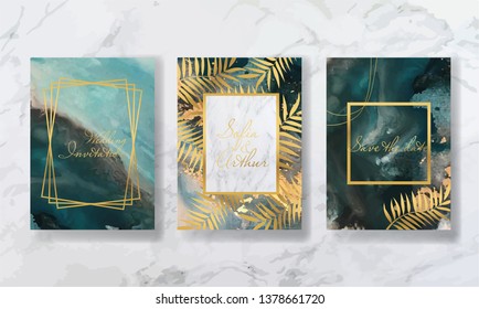 wedding invitation. a great celebration of lovers. texture of liquid marble and gold. print for leaflets, banners, flyers, business cards, cards. trend vector