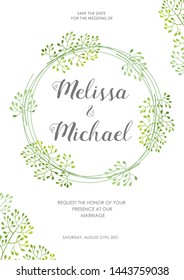 Wedding invitation with green buds border. Floral invite card template. Vector illustration.