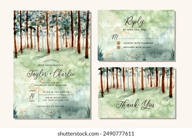 wedding invitation with green forest watercolor landscape