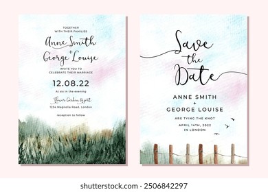 wedding invitation with green grass field landscape watercolor