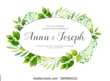 Wedding invitation with green leafs border. Vector illustration.