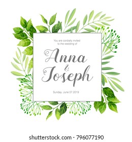 Wedding invitation with green leafs border. Vector illustration.