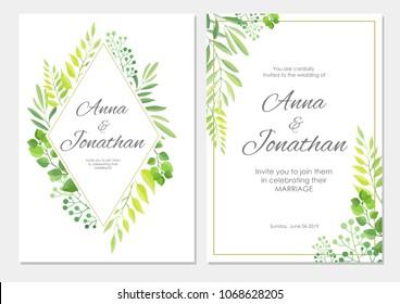 Wedding invitation with green leaves border. Floral invite modern card template set. Vector illustration.