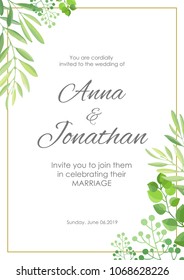 Wedding invitation with green leaves border. Floral invite modern card template. Vector illustration.