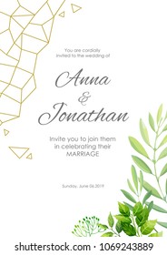 Wedding invitation with green leaves border and geometric pattern. Floral invite modern card template. Vector illustration. 