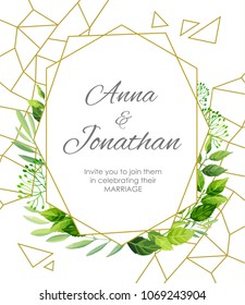 Wedding invitation with green leaves border and geometric pattern. Floral invite modern card template. Vector illustration. 