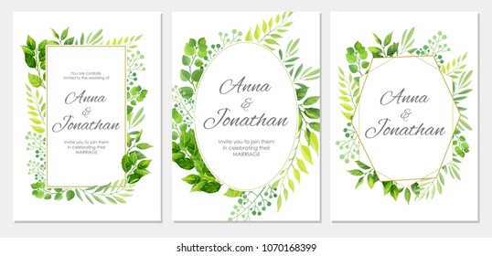 Wedding invitation with green leaves border. Floral invite modern card template set. Vector illustration.