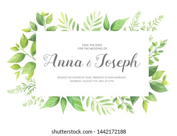Wedding invitation with green leaves border. Floral invite card template. Vector illustration.