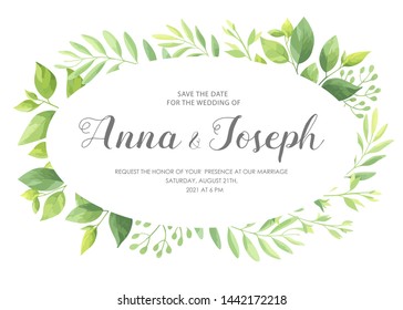 Wedding invitation with green leaves border. Floral invite card template. Vector illustration.