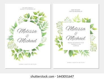 Wedding invitation with green leaves border. Floral invite card template set. Vector illustration.