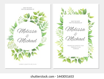 Wedding invitation with green leaves border. Floral invite card template set. Vector illustration.