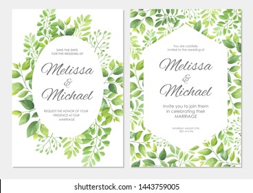 Wedding invitation with green leaves border. Floral invite card template set. Vector illustration.