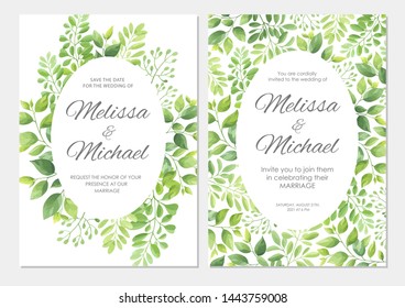 Wedding invitation with green leaves border. Floral invite card template set. Vector illustration.