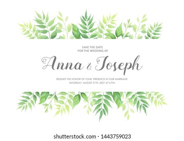 Wedding invitation with green leaves border. Floral invite card template. Vector illustration.