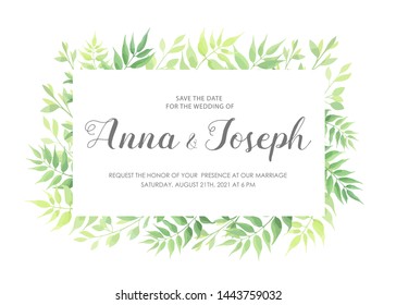 Wedding invitation with green leaves border. Floral invite card template. Vector illustration.