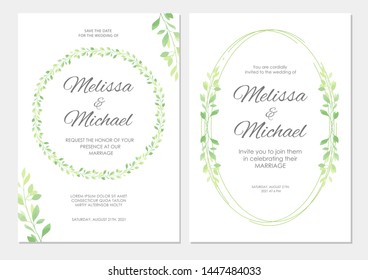 Wedding invitation with green leaves border. Floral invite modern card template set. Vector illustration.