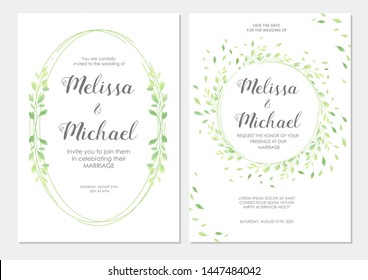 Wedding invitation with green leaves border. Floral invite modern card template set. Vector illustration.