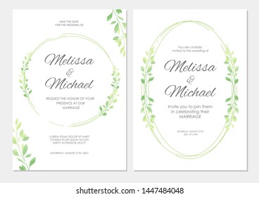 Wedding invitation with green leaves border. Floral invite modern card template set. Vector illustration.