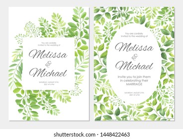 Wedding invitation with green leaves border. Floral invite card template set. Vector illustration.