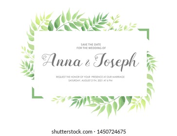 Wedding invitation with green leaves border. Floral invite card template. Vector illustration.