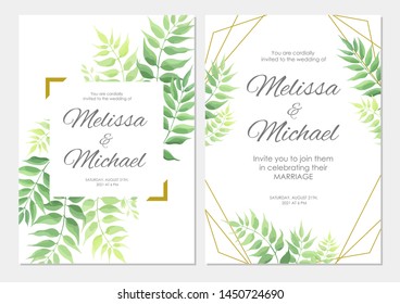 Wedding invitation with green leaves border. Floral invite card template set. Vector illustration.