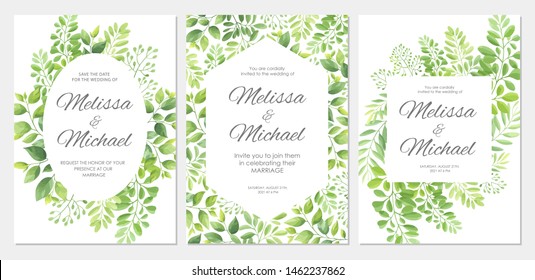 Wedding invitation with green leaves border. Floral invite card template set. Vector illustration.