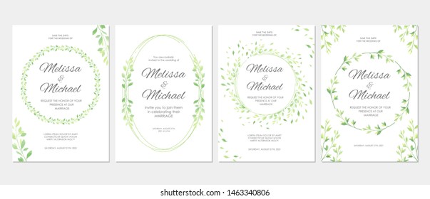 Wedding invitation with green leaves border. Floral invite card template set. Vector illustration.